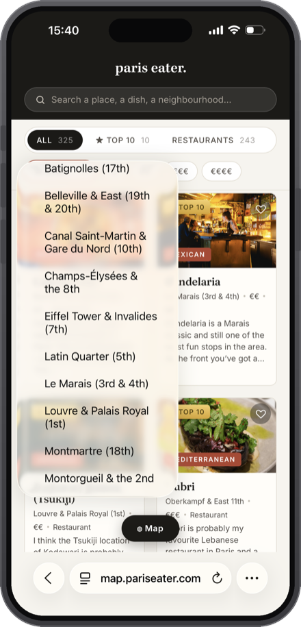 Filtering the map by quartier and price