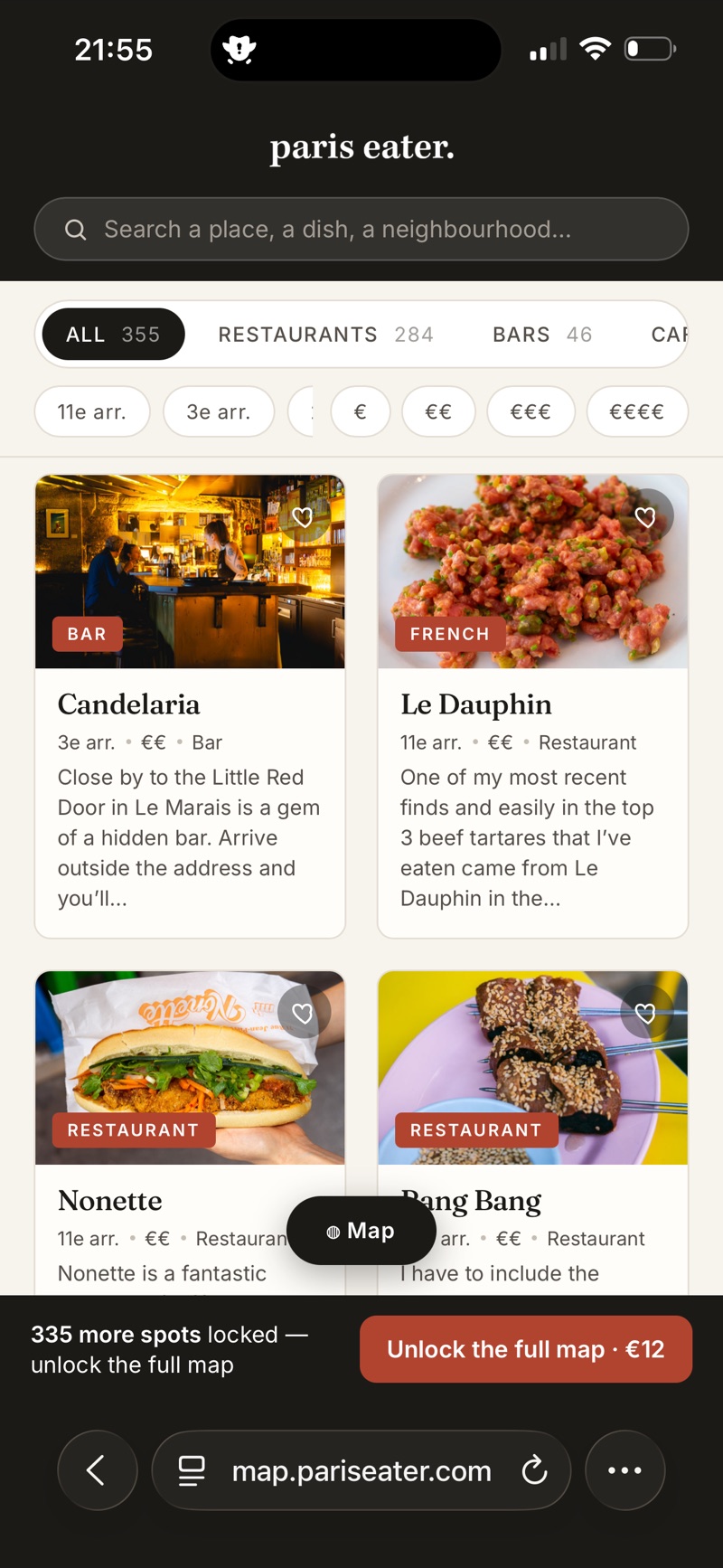The Paris Eater map app open on an iPhone